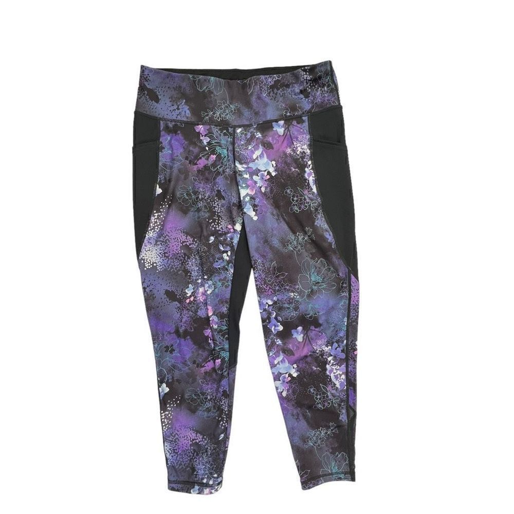 Ideology Women's Mid-Rise Floral Elastic Waist Leggings Purple Black Size Large